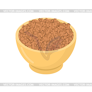 Buckwheat in wooden bowl . Groats in wood dish. - vector image