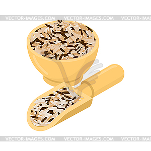 Wild rice in wooden bowl and spoon. Groats in wood - vector clipart