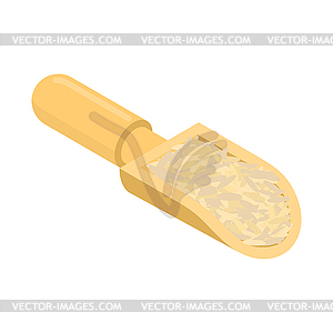 Parboiled rice in wooden scoop . Groats in wood - vector image