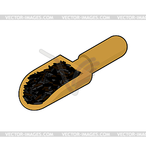 Black rice in wooden scoop . Groats in wood - vector image