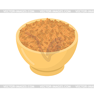 Wheat in wooden bowl . Groats in wood dish. Grain - vector image