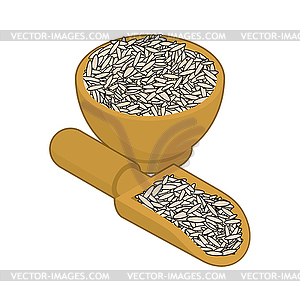 Brown rice in wooden bowl and spoon. Groats in - vector EPS clipart