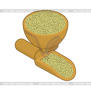 Cuscus in wooden bowl and spoon. Groats in wood dis - vector clip art