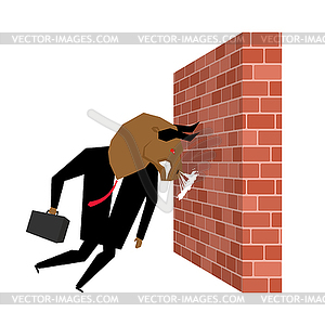 Businessman Bull is destroying brick wall. - vector clip art