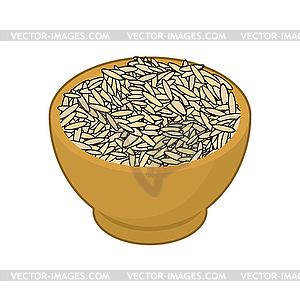 Parboiled rice in wooden bowl . Groats in wood dish - vector clipart