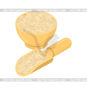 Brown rice in wooden bowl and spoon. Groats in - vector clipart