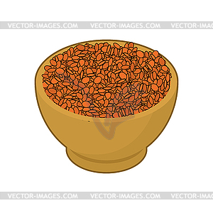 Red lentils in wooden bowl . Groats in wood dish. - vector image