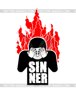 Sinner on fire. OMG. Cover face with hands. - vector clipart / vector image