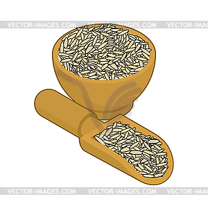 Parboiled rice in wooden bowl and spoon. Groats in - vector clipart