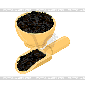 Black rice in wooden bowl and spoon. Groats in - color vector clipart