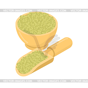 Raw buckwheat in wooden bowl and spoon. Groats in - vector clipart