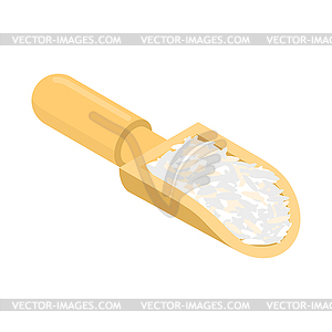 Basmati rice in wooden scoop . Groats in wood - vector clip art