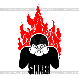 Sinner on fire. OMG. Cover face with hands. - vector image