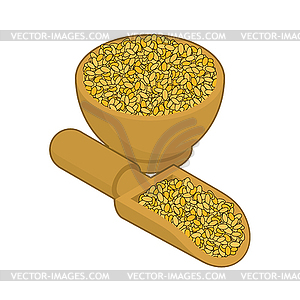 Bulgur in wooden bowl and spoon. Groats in wood dis - royalty-free vector image