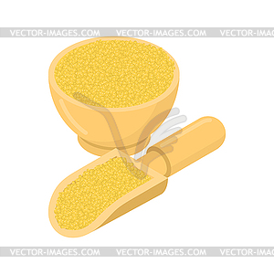 Millet in wooden bowl and spoon. Groats in wood dis - vector clip art