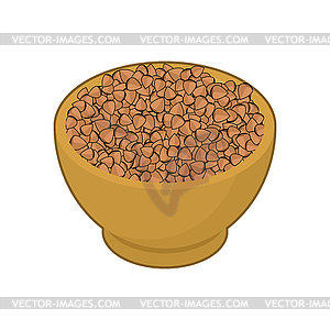 Buckwheat in wooden bowl . Groats in wood dish. - vector image