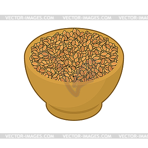 Wheat in wooden bowl . Groats in wood dish. Grain - vector image