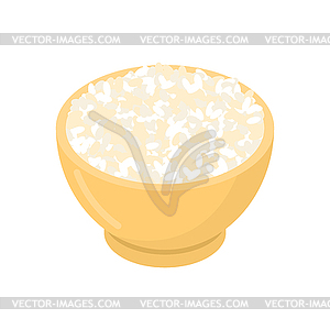 Round rice in wooden bowl . Groats in wood dish. - vector clipart