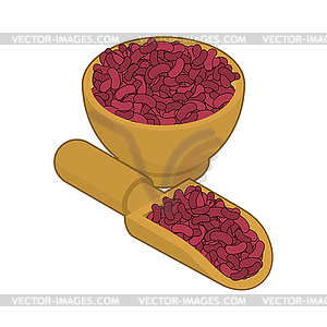 Red beans in wooden bowl and spoon. Groats in wood - vector clip art