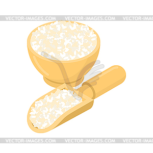 Round rice in wooden bowl and spoon. Groats in - vector clipart