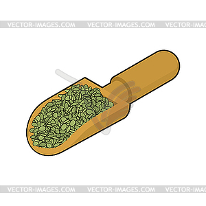 Green Lentils in wooden scoop . Groats in wood - color vector clipart