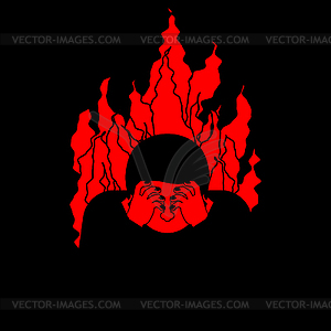 Sinner on fire. OMG. Cover face with hands. - vector image