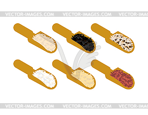 Rice set in wooden scoop. Parboiled and brown. Blac - vector image