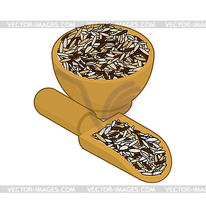 Wild rice in wooden bowl and spoon. Groats in wood - royalty-free vector clipart