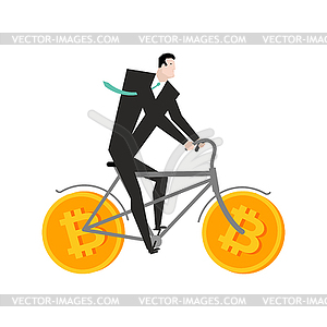 Businessman at Bitcoin bicycle. Mining concept. - vector clipart