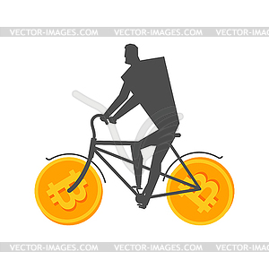 Businessman at Bitcoin bicycle. Mining concept. - vector image