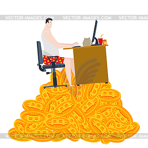 Home mining bitcoin. Freelancer is sitting on pile - vector image