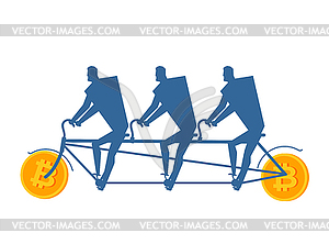 Businessman at Bitcoin bicycle tandem. Mining pool - vector clipart