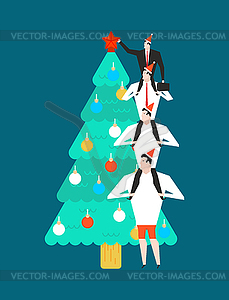 New Year corporate party. Businessman decorates - vector clip art