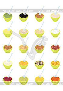 Bowl of porridge and spoon set. Rice and lentils. - vector image