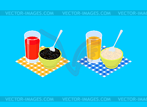 Breakfast Set. Black and Brown rice Porridge and - vector clip art