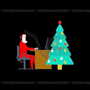 Санта-Клаус работает на компьютере. Рождественская работа. - векторный эскиз