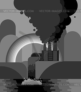 Industrial landscape. Plant emissions into river. - vector clipart