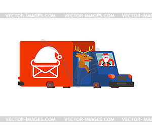 Santa post car. Claus and deer carry mail of - vector clip art