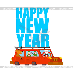 Santa Claus and deer and elf in car. Happy New Year - vector clipart