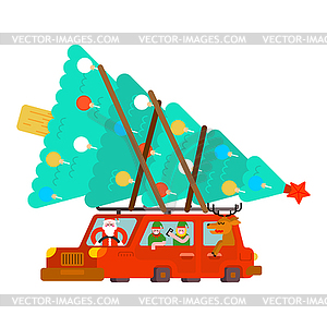Santa Claus and deer and elf in car. Carry Christma - vector image