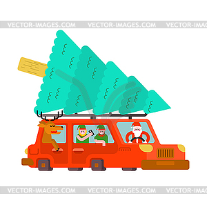 Santa Claus and deer and elf in car. Carry Christma - vector image