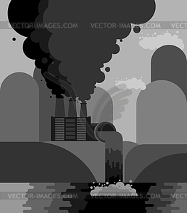 Industrial landscape. Plant emissions into river. - vector image