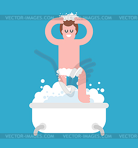 Парень в ванной. Мужчины мытья. Ванна и пена. Иллюстрированное - векторный клипарт Royalty-Free
