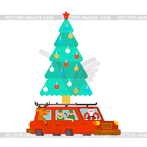 Санта-Клаус и олень и эльф в машине. Носите Кристиму - изображение в векторном виде