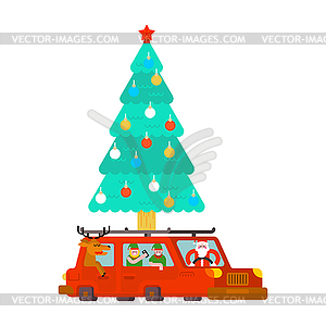 Santa Claus and deer and elf in car. Carry Christma - vector image