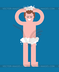 Man in foam washes her hair. Guy washing . illust - vector image