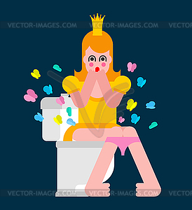 Princess on toilet Fart butterfly. Woman is in WC. - vector image