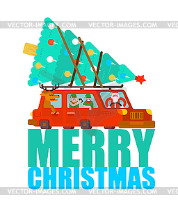 Santa Claus and deer and elf in car. Merry - vector clipart
