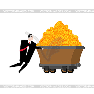 Miner and trolley of bitcoins. Mining Extraction - vector clip art