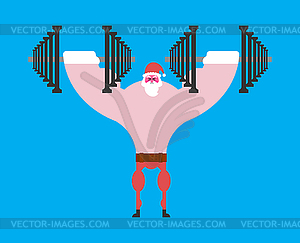 Strong Santa Claus and dumbbells. Christmas fitness - royalty-free vector clipart